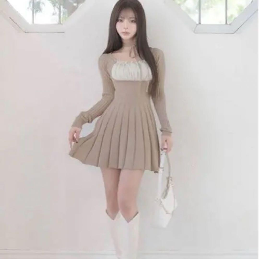 Darich ネックリボンデザインフレアニットミニワンピース free ベージュ