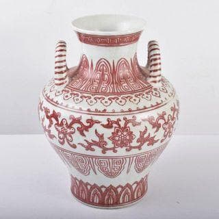 大清乾隆年製　釉裏紅　花卉文　双耳瓶