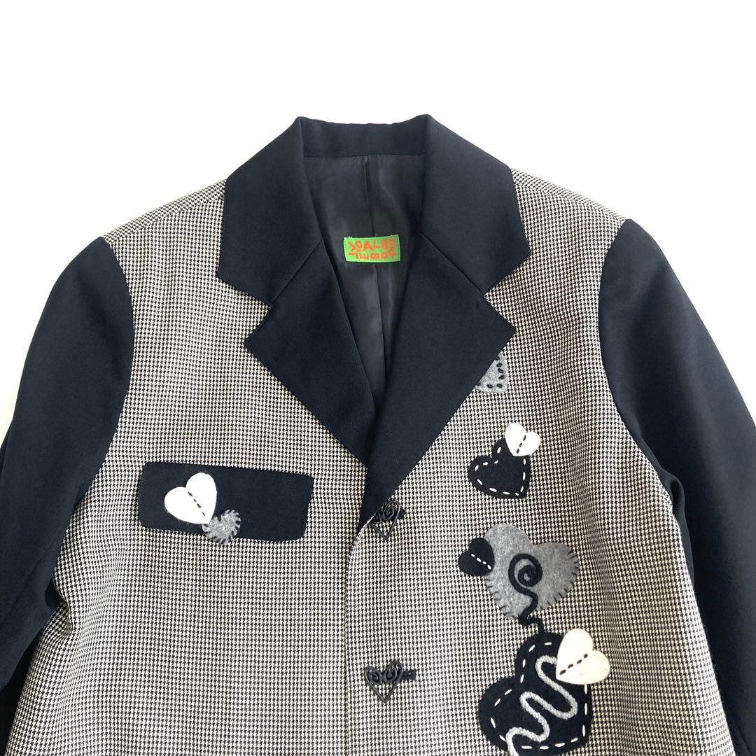 アルベロベロ テーラードジャケット 千鳥格子 刺繍 ハート アシンメトリー 黒