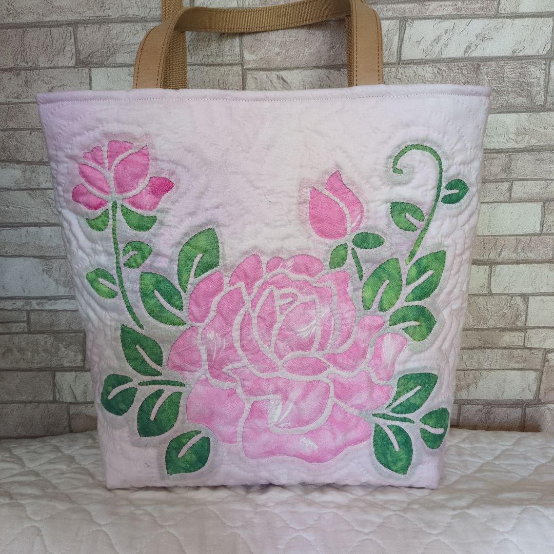 薔薇のハワイアンキルトバッグ　ハンドメイド