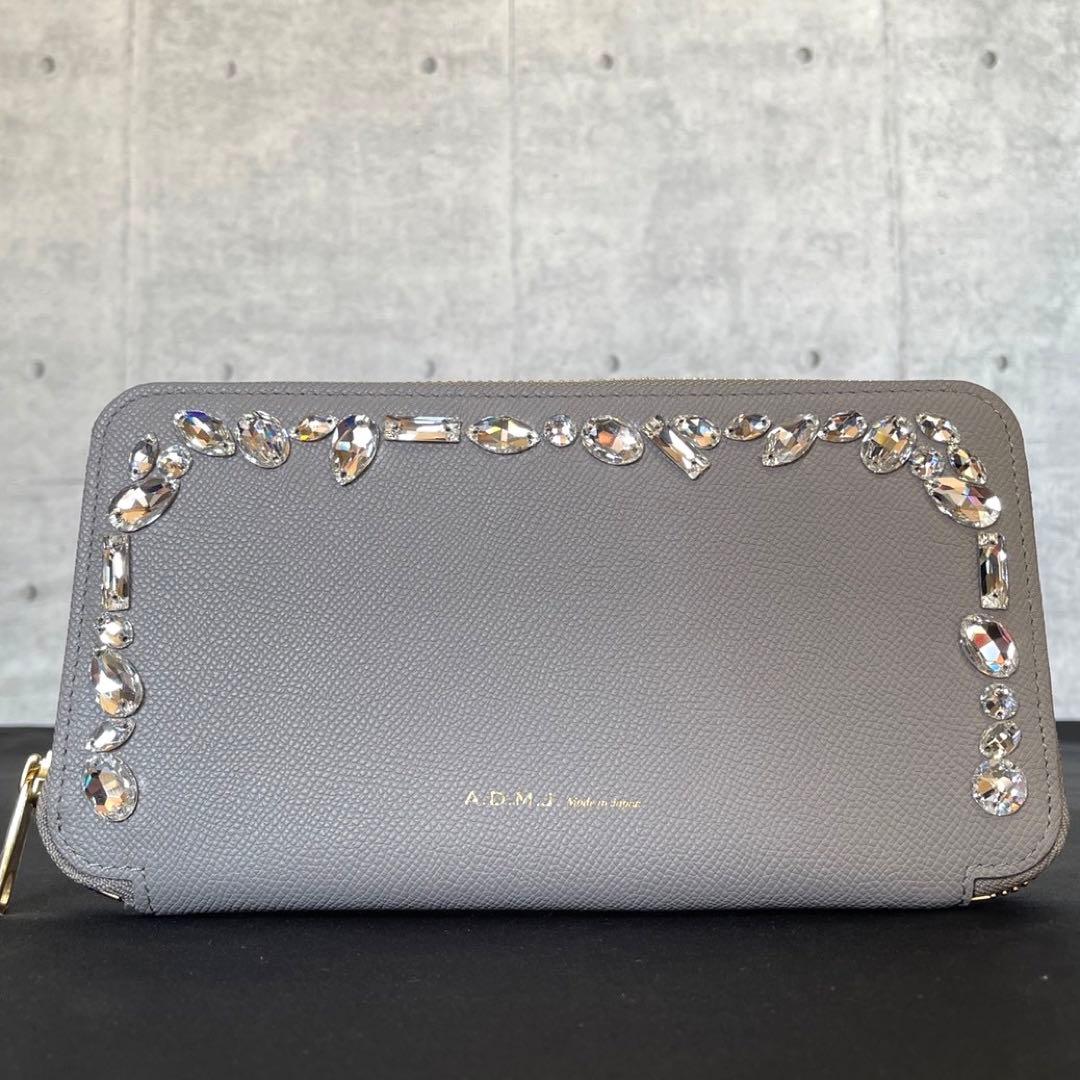 専用品A.D.M.J スワロフスキー グレー ラウンドジップ ウォレット