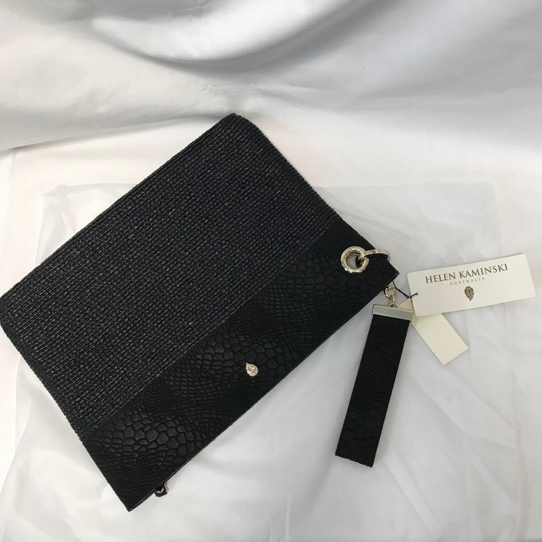 ヘレンカミンスキー パイソン型押し本革+ラヒィア　クラッチ　女優スタイル