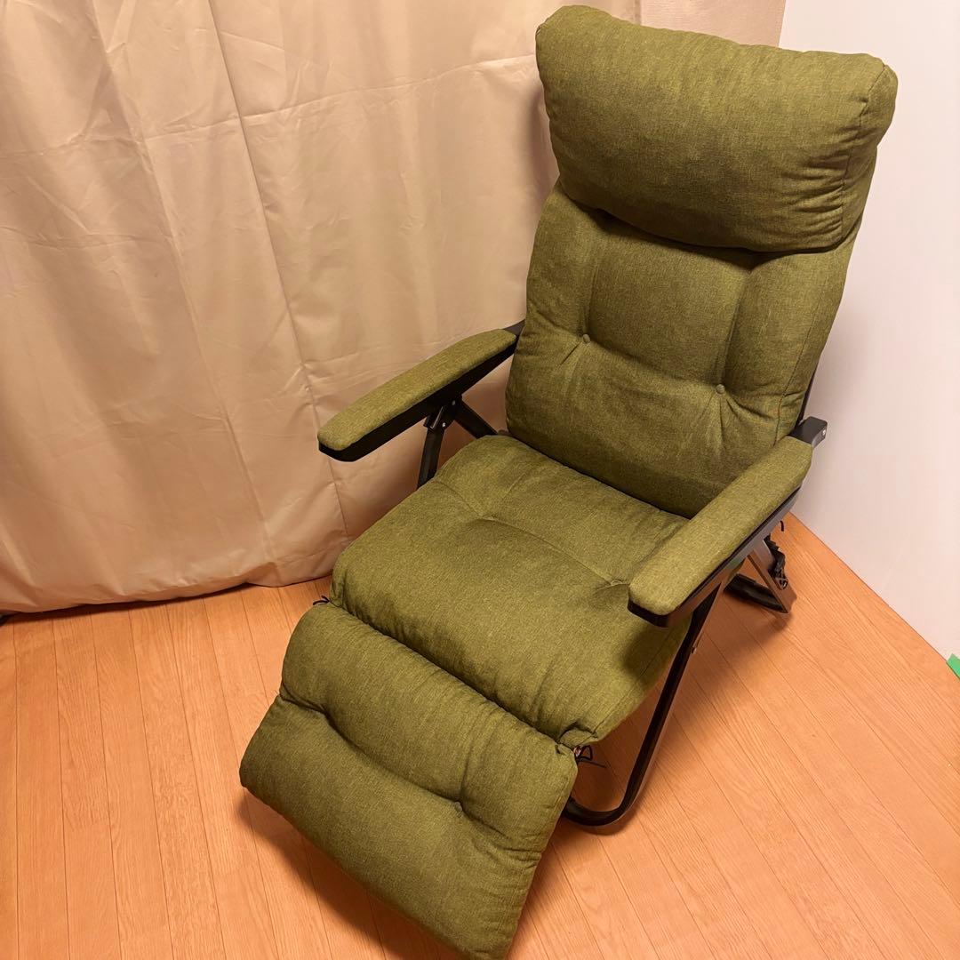【美品】タック フットレスト付きリクライニングチェア グリーン リラックスチェア
