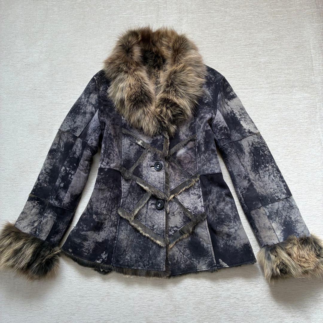 希少 ファーコート　毛皮ジャケット　リアルファー　ブルーフォックス　本革　Y2K