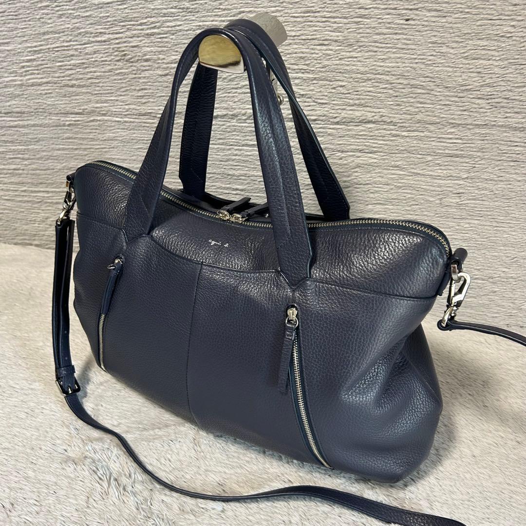 u*5様 agnes.b アニエスべー オールレザー　ビジネスバッグ　ネイビー