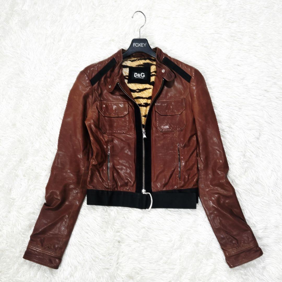 D&G レザージャケット シングルライダース ブラウン レオパード 40