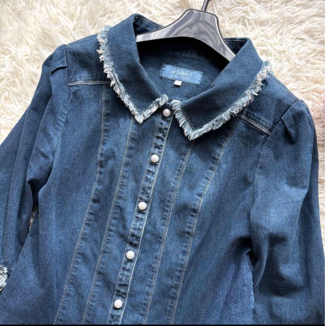 【美品】42 袖リボン　パールボタン　エムズグレイシー　デニムジャケット　20年