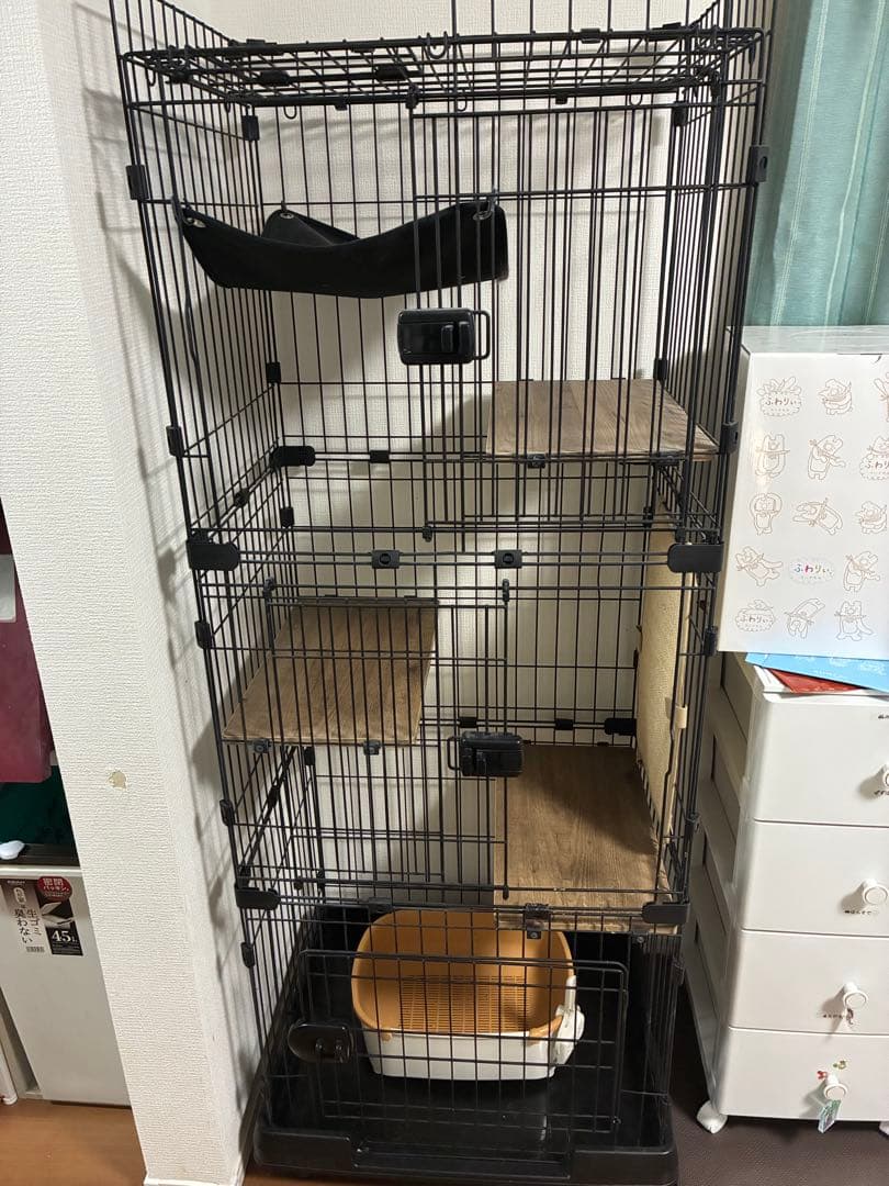 猫ケージ 3段 キャットケージ ハンモック付き ブラック＋デオトイレ