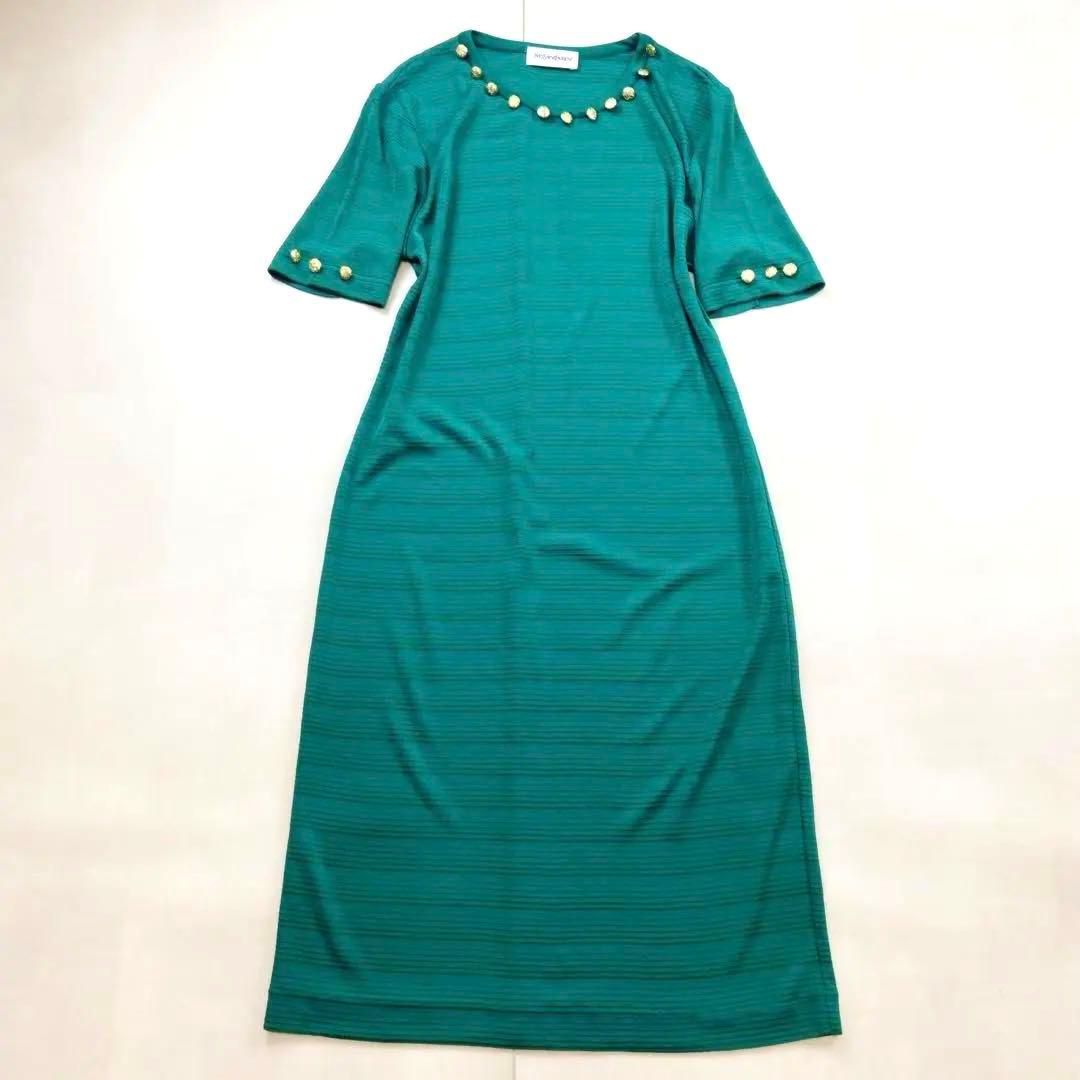 美品 サンローラン 金ボタン ゴールド ストレッチ ワンピース グリーン