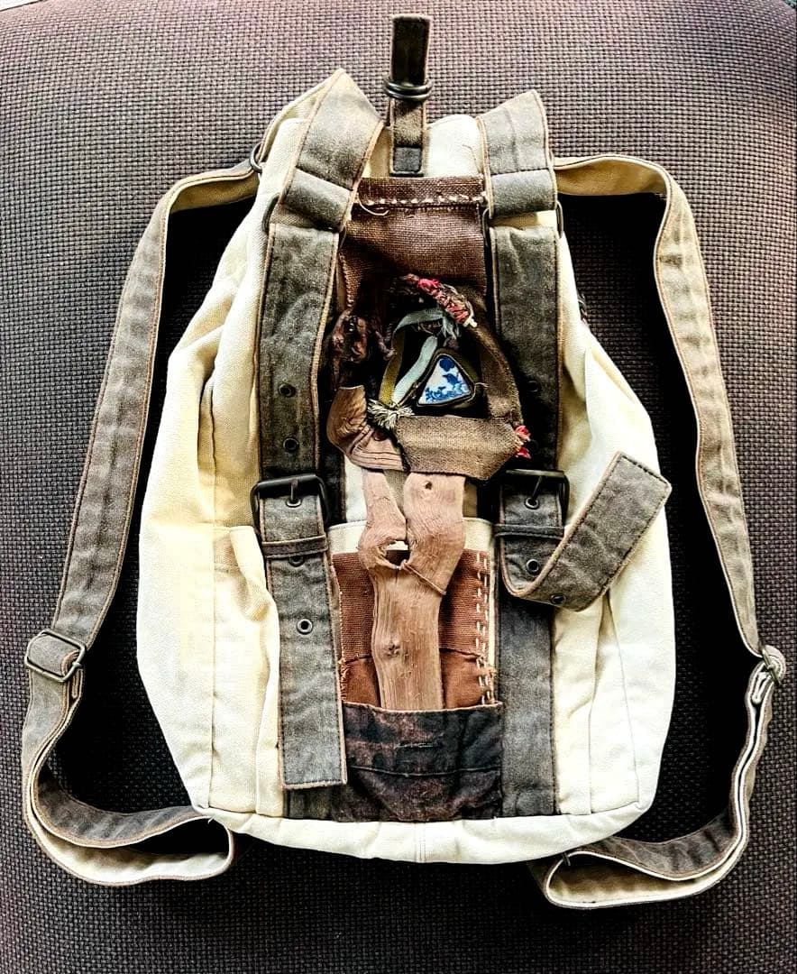 ◆柿渋と山葡萄の装飾 帆布リュック USED ベージュ×ブラウン◆