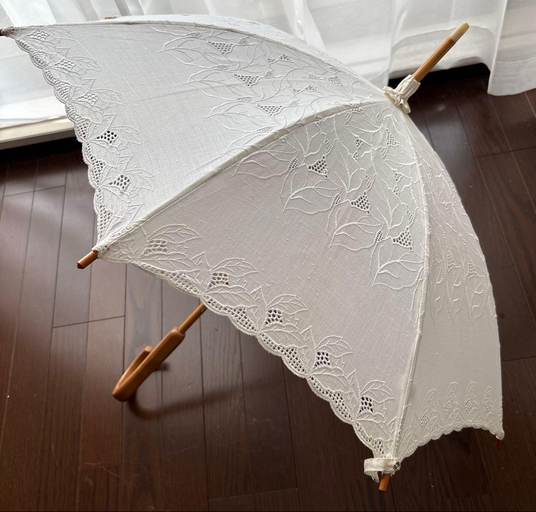 希少☆レース 日傘 昭和レトロ アンティーク 麻 日本製 ラタン 長傘 ベージュ