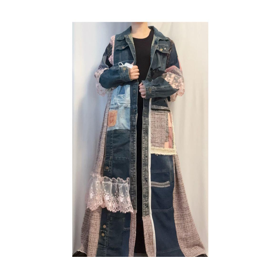 ①デニム×ツイード.レースロングコート/ロングワンピース