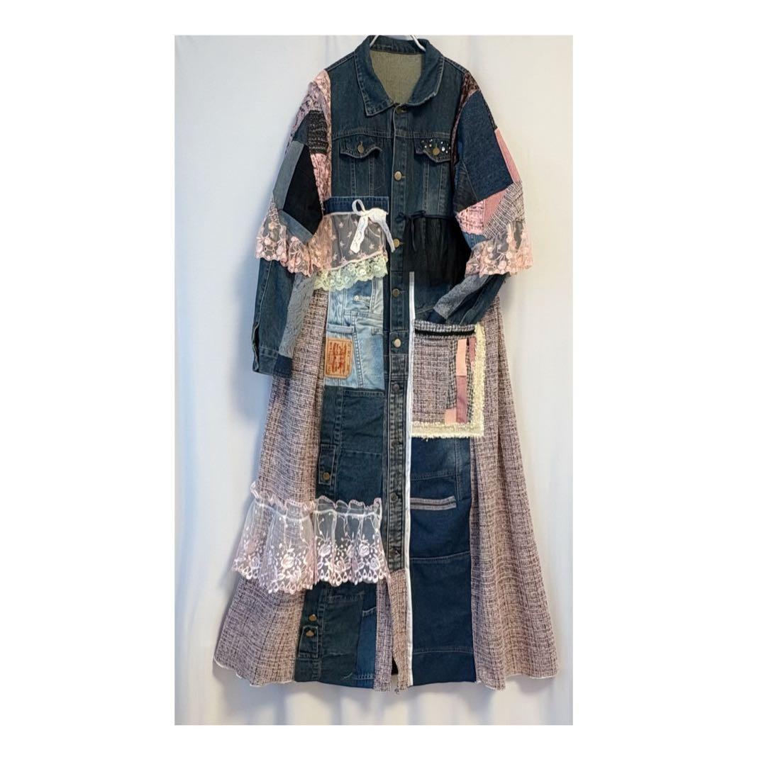 ①デニム×ツイード.レースロングコート/ロングワンピース