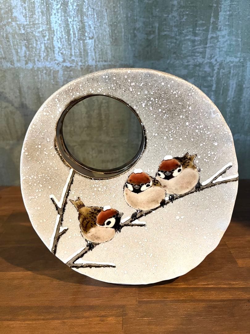 扁壶 雪三雀図 中村陶志人