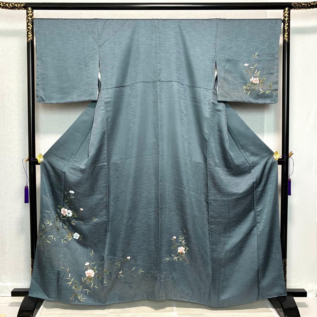 D105訪問着 椿 花模様 正絹 着物 袷 幅広サイズ しつけ糸付き未使用極美品