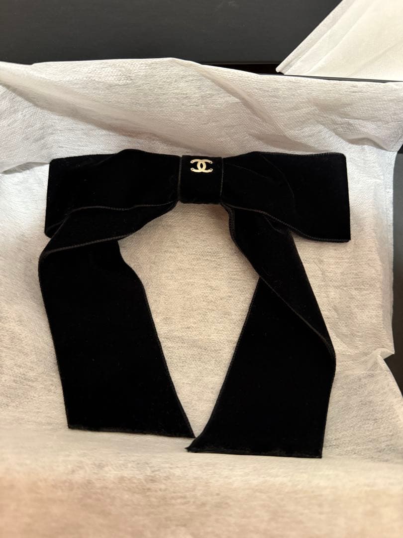 新品　シャネル ココマーク リボン 24V バレッタ GP×ベロア ブラック