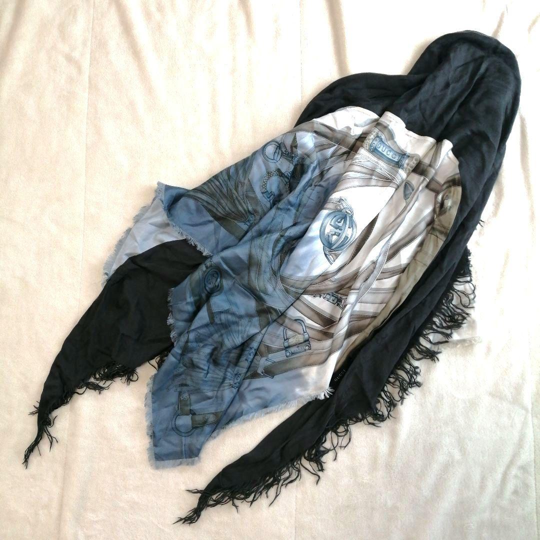 美品 GUCCI グッチ ストール スカーフ カレ ロゴ シルク グレー