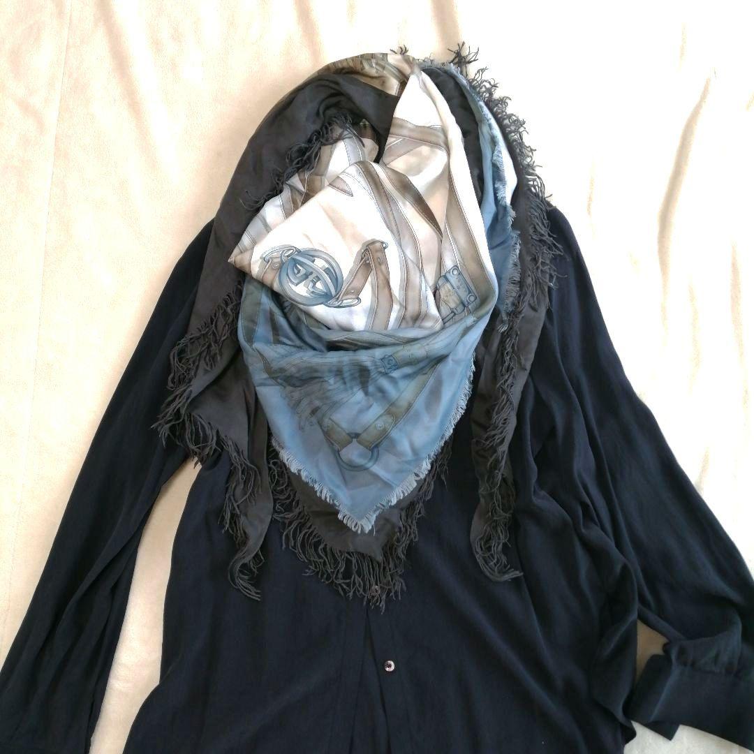 美品 GUCCI グッチ ストール スカーフ カレ ロゴ シルク グレー