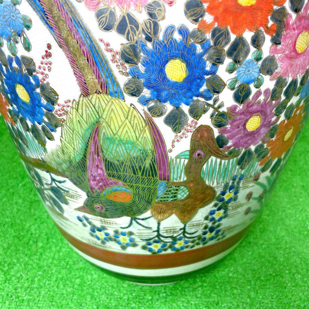 高級！骨董品　薩摩焼　大瓶　金蘭手染錦花絵図　金錦　耳付　壺 花瓶