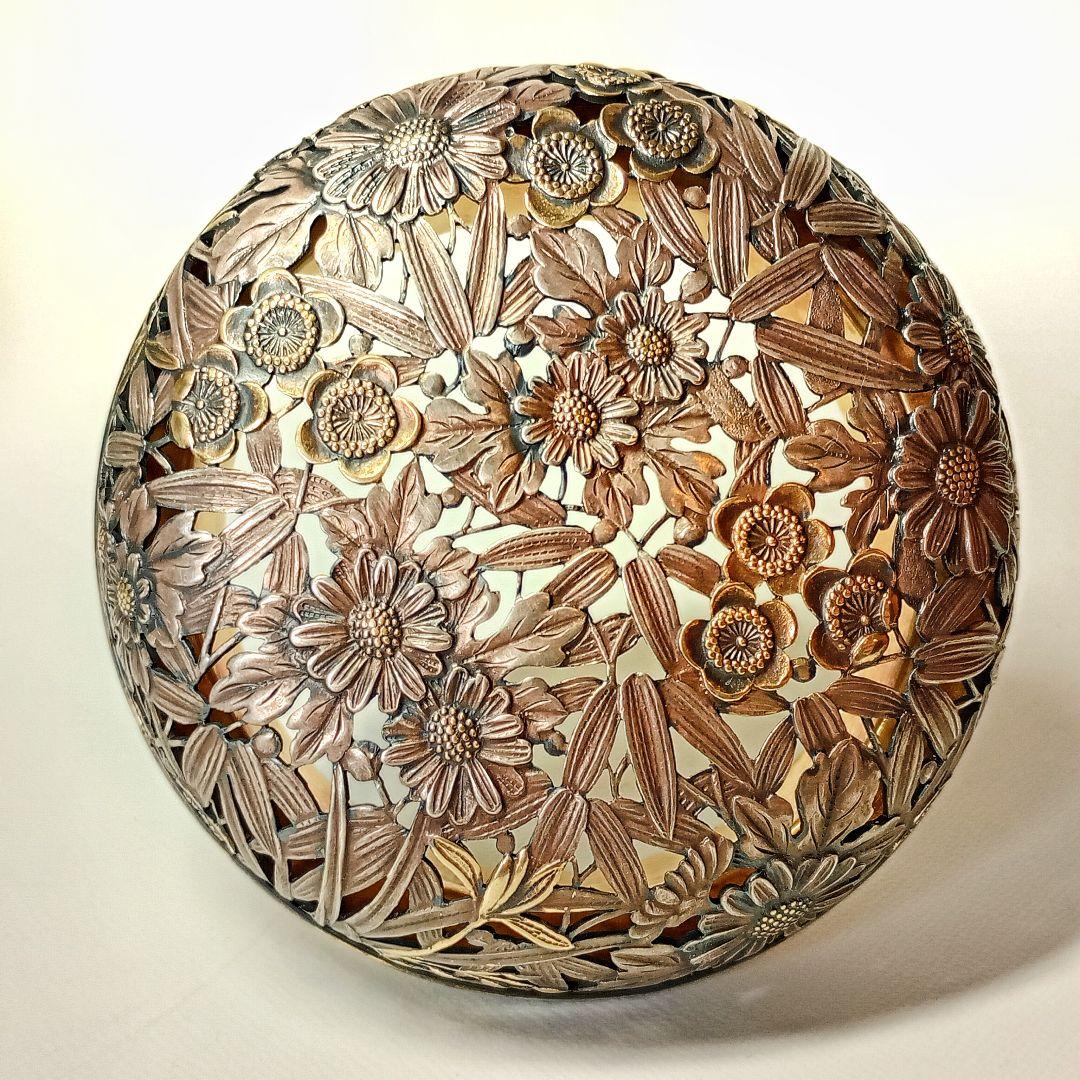 諏訪蘇山 青磁 袴腰香炉 二重共箱 四季草花銀火屋 約120g 帝室技芸員