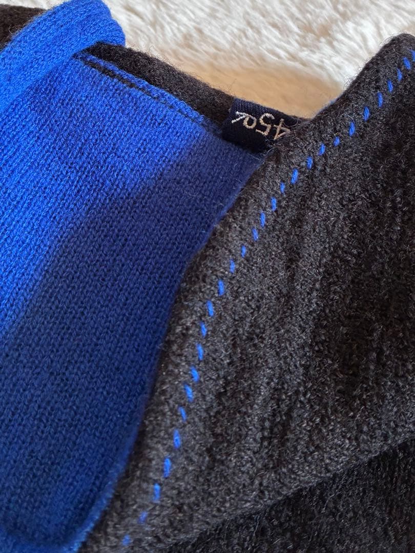 45R カシミヤ&ウールスタンドカラー カーディガン 藍ブルー エルボーパッチ