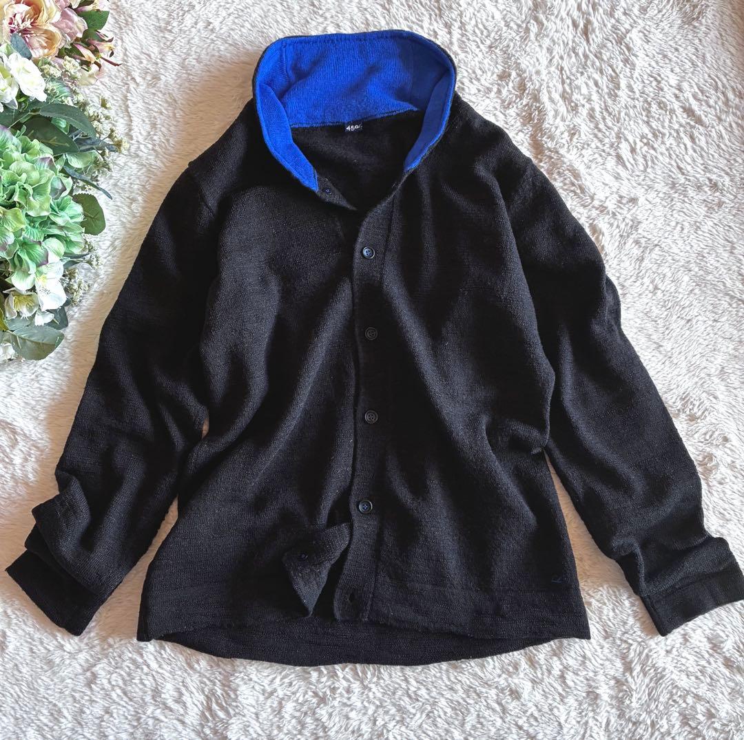 45R カシミヤ&ウールスタンドカラー カーディガン 藍ブルー エルボーパッチ