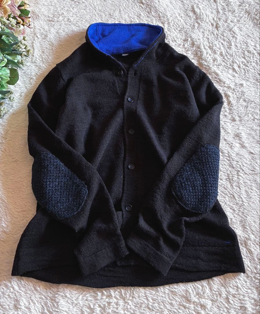 45R カシミヤ&ウールスタンドカラー カーディガン 藍ブルー エルボーパッチ