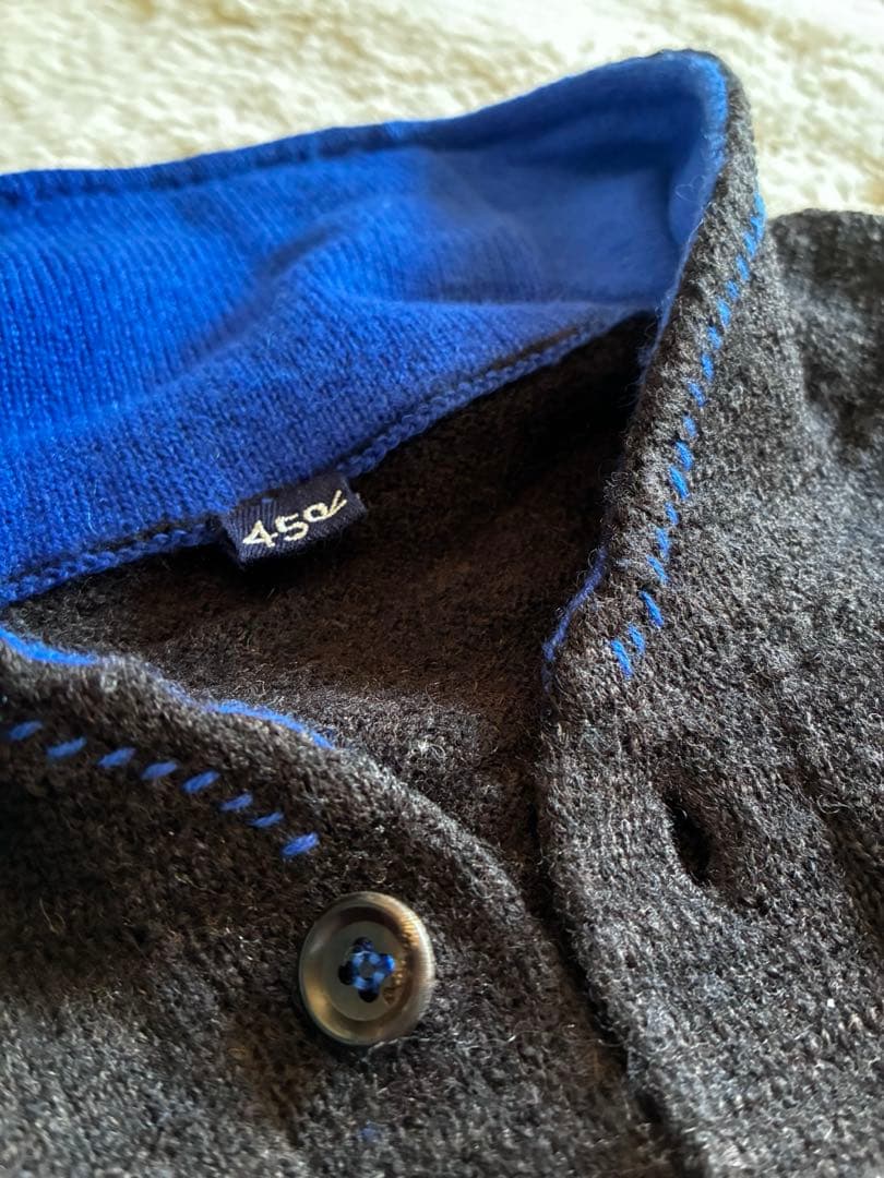 45R カシミヤ&ウールスタンドカラー カーディガン 藍ブルー エルボーパッチ