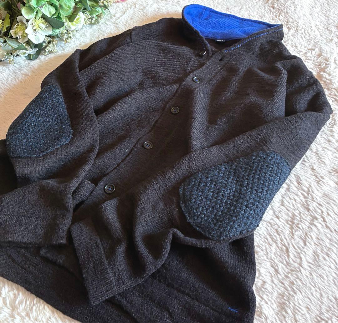 45R カシミヤ&ウールスタンドカラー カーディガン 藍ブルー エルボーパッチ