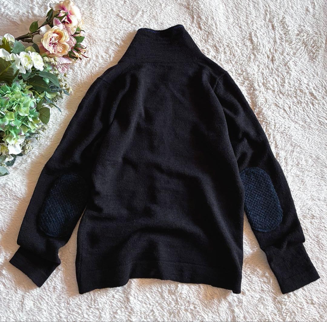 45R カシミヤ&ウールスタンドカラー カーディガン 藍ブルー エルボーパッチ