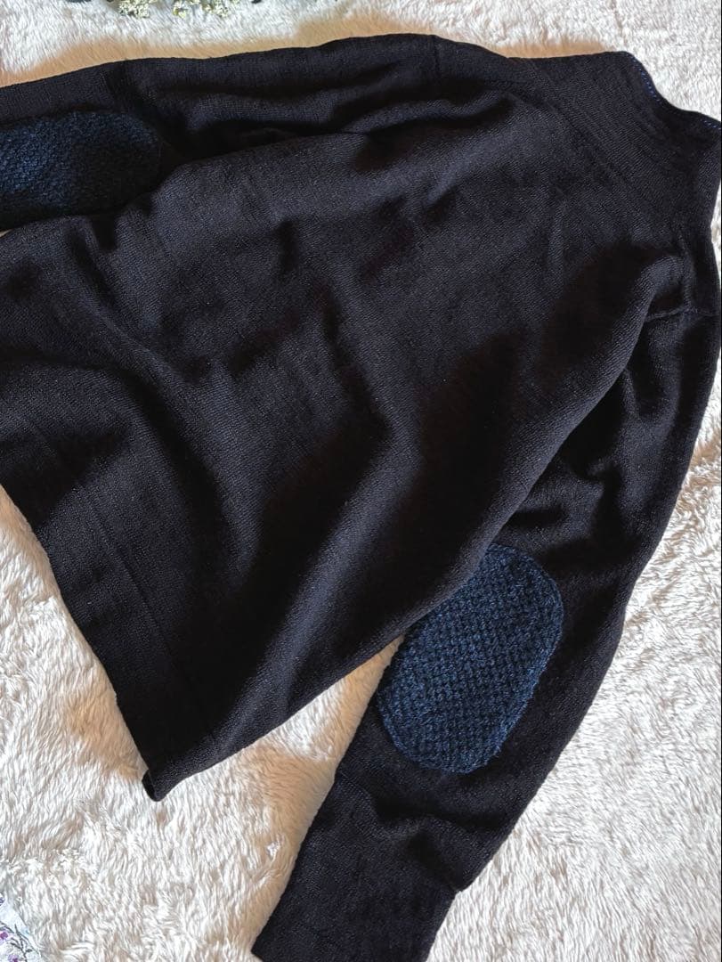 45R カシミヤ&ウールスタンドカラー カーディガン 藍ブルー エルボーパッチ