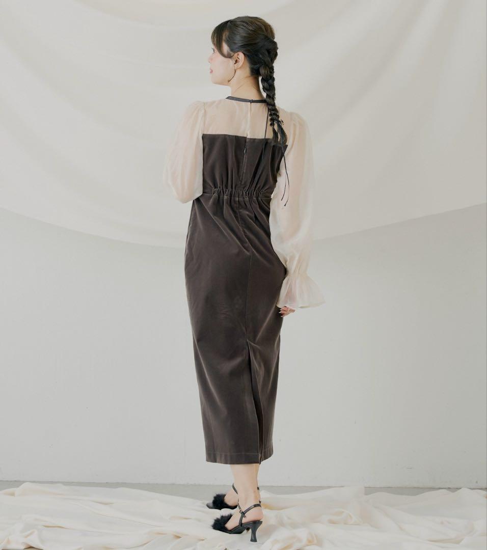 CHICO オケージョン 配色シアーリボンベロアワンピース チャコールグレー