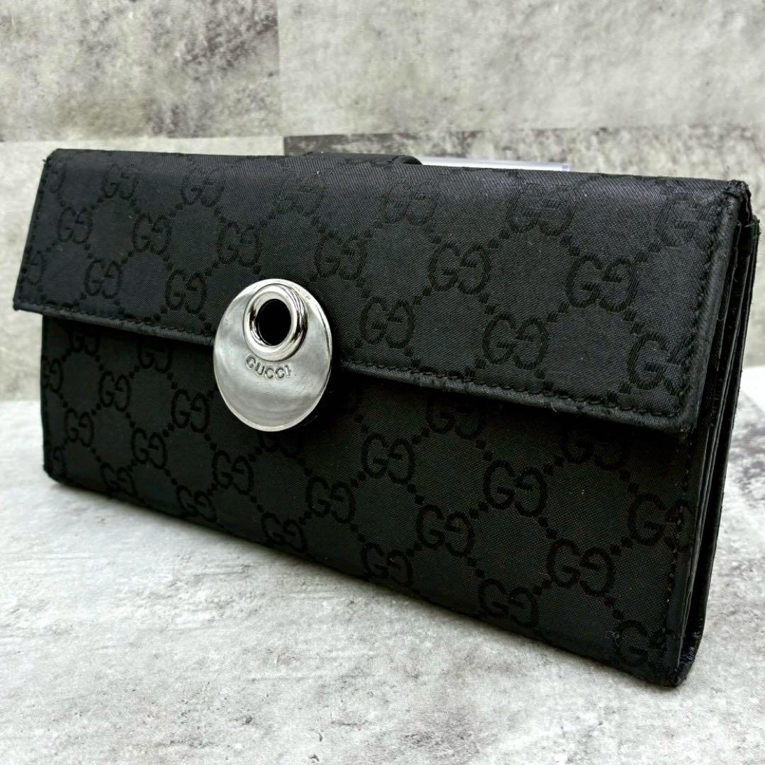 美品 グッチ GGキャンバス Wホック 長財布 折り財布 金具 型押し ブラック