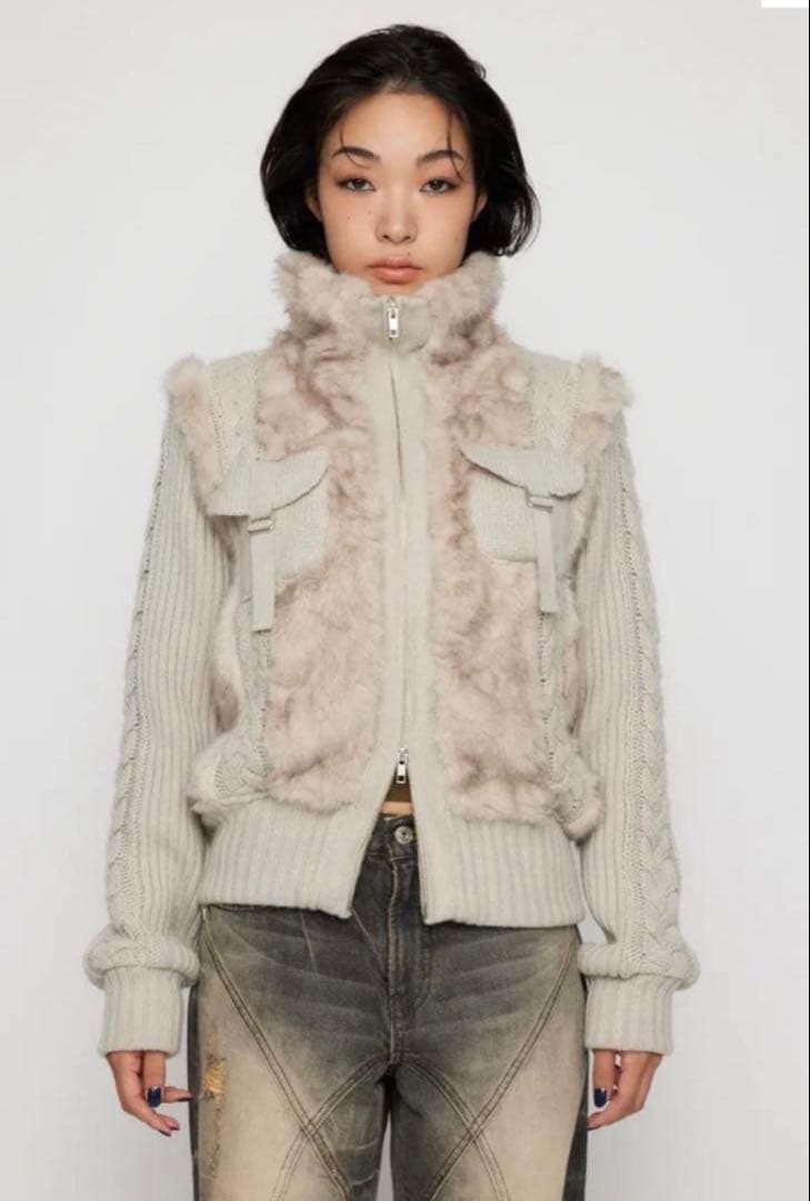 ラグアジェム　ケーブルニットファーブルゾン　アイボリー