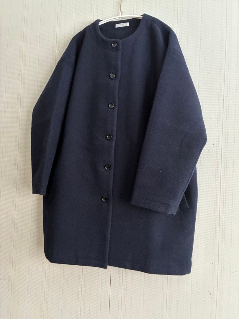 【美品】Commencementノーカラー ウールコート ミドル丈　ネイビー
