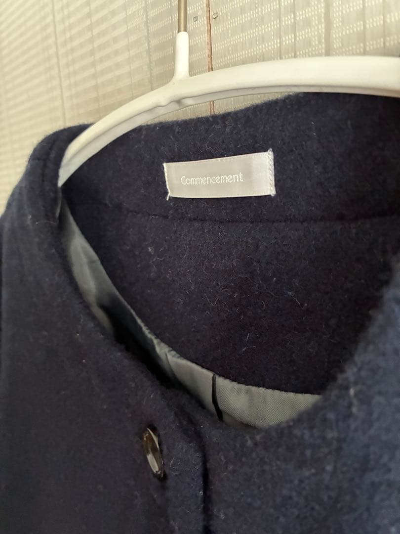 【美品】Commencementノーカラー ウールコート ミドル丈　ネイビー