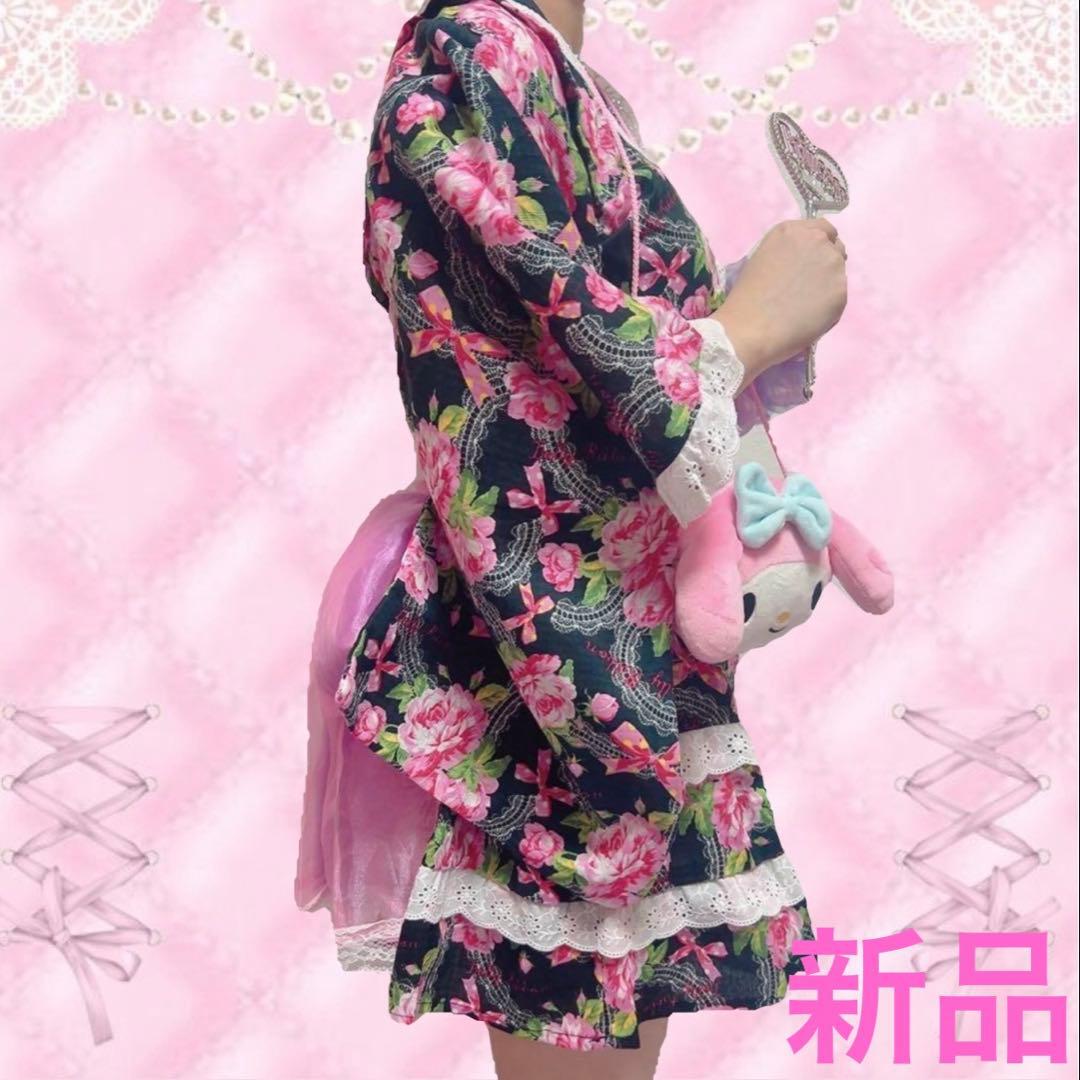 新品♡浴衣ドレス帯付き♡平成ギャル姫系♡バラリボン140150黒マイメロ地雷量産