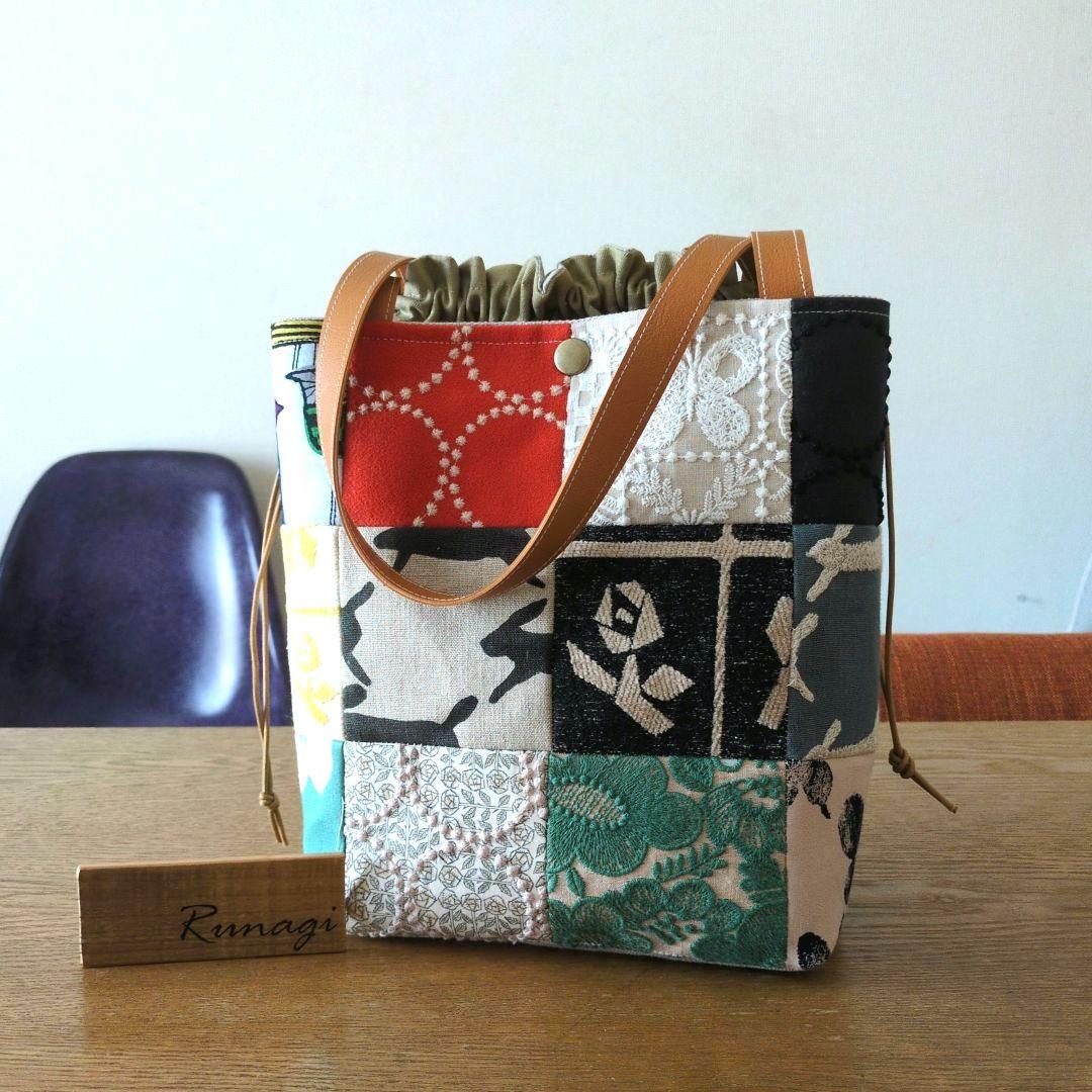 【1574】パッチワークのあおりポケット巾着バッグ＊ミナペルホネン