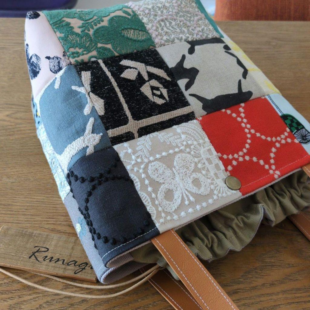 【1574】パッチワークのあおりポケット巾着バッグ＊ミナペルホネン