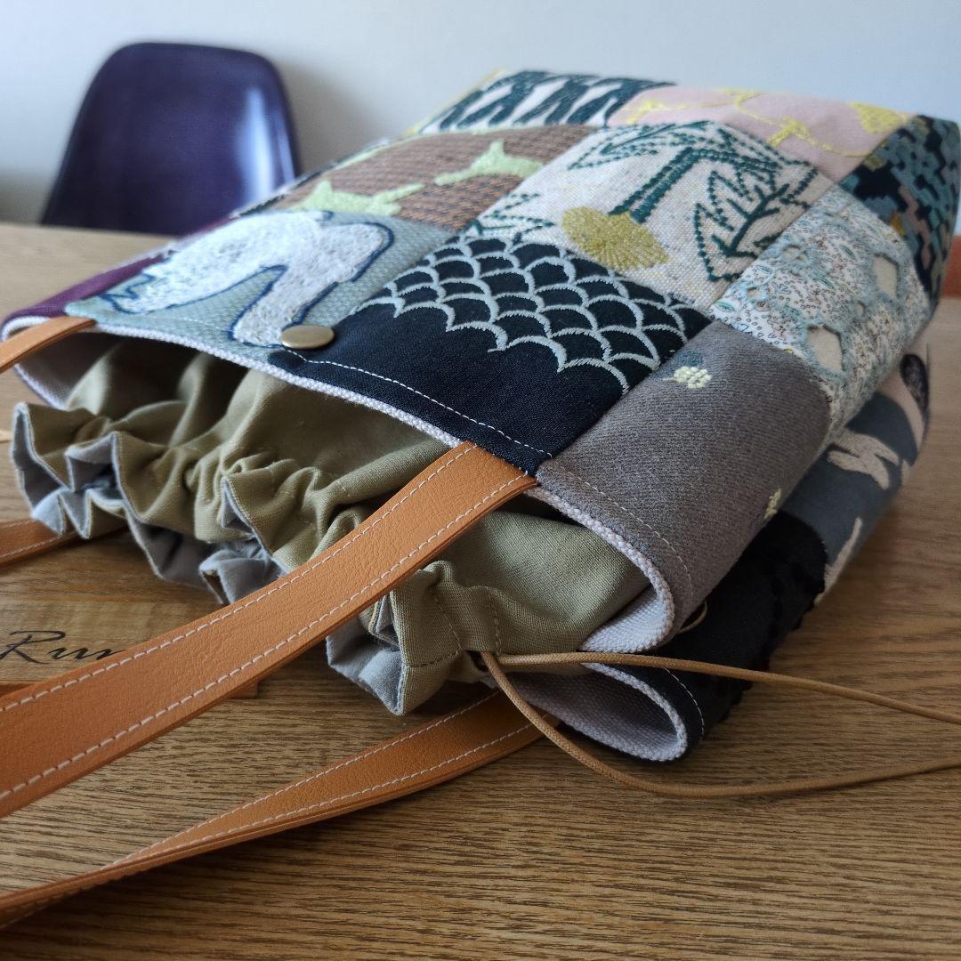 【1574】パッチワークのあおりポケット巾着バッグ＊ミナペルホネン