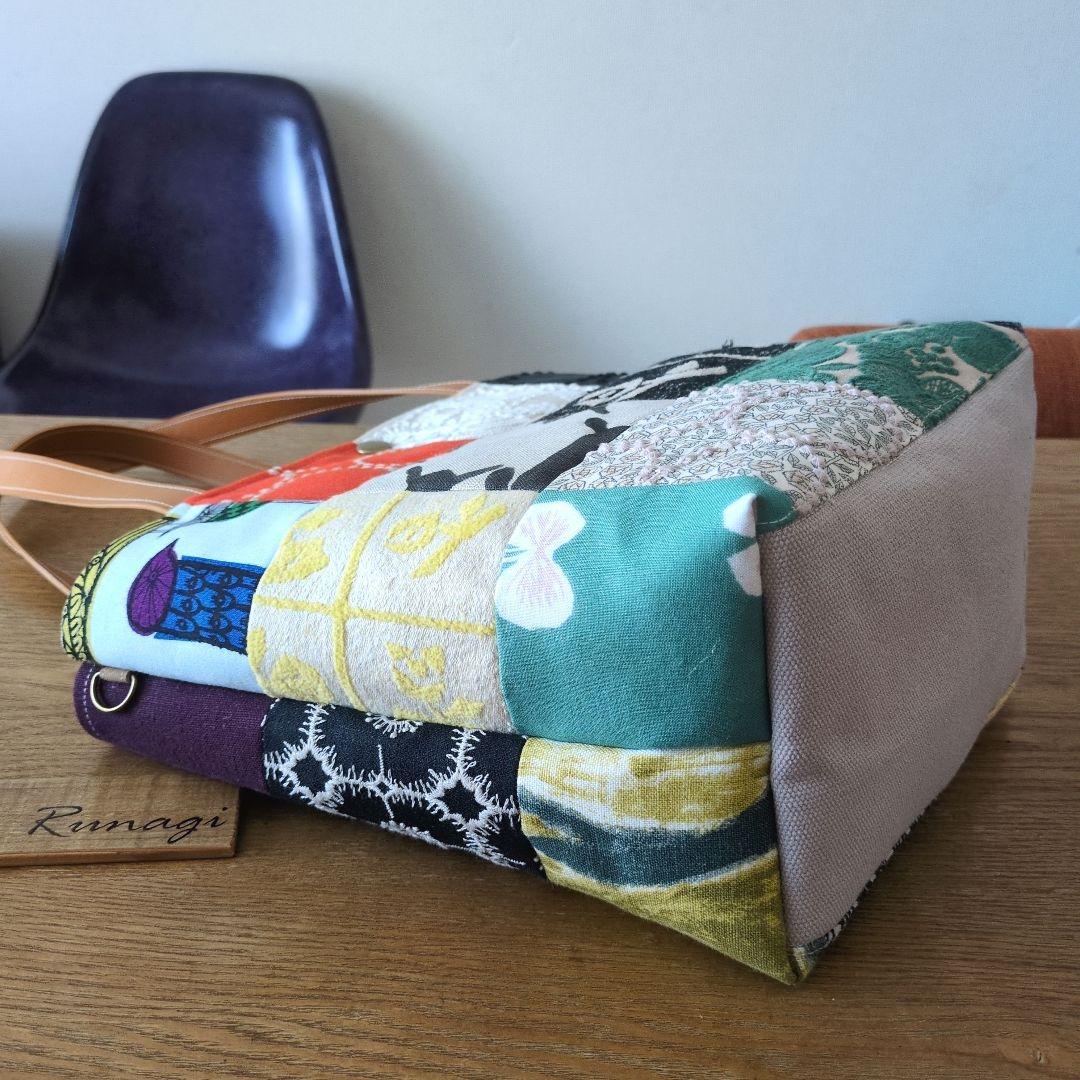 【1574】パッチワークのあおりポケット巾着バッグ＊ミナペルホネン