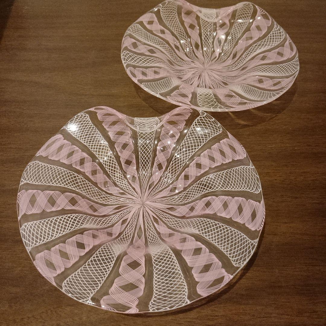 ベネチアンガラス　ムラノ　MURANO　変形皿　2枚　ピンク　レース　インテリア