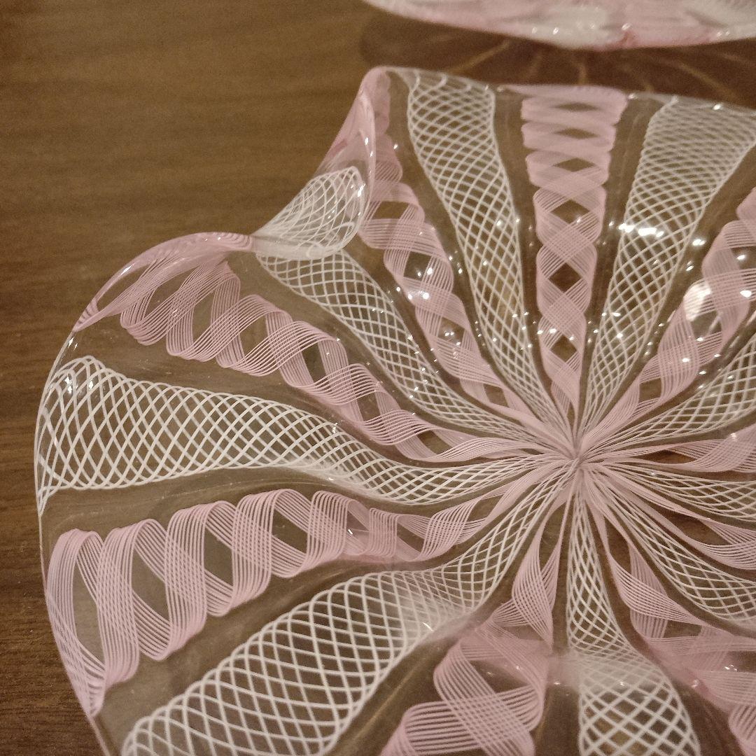 ベネチアンガラス　ムラノ　MURANO　変形皿　2枚　ピンク　レース　インテリア
