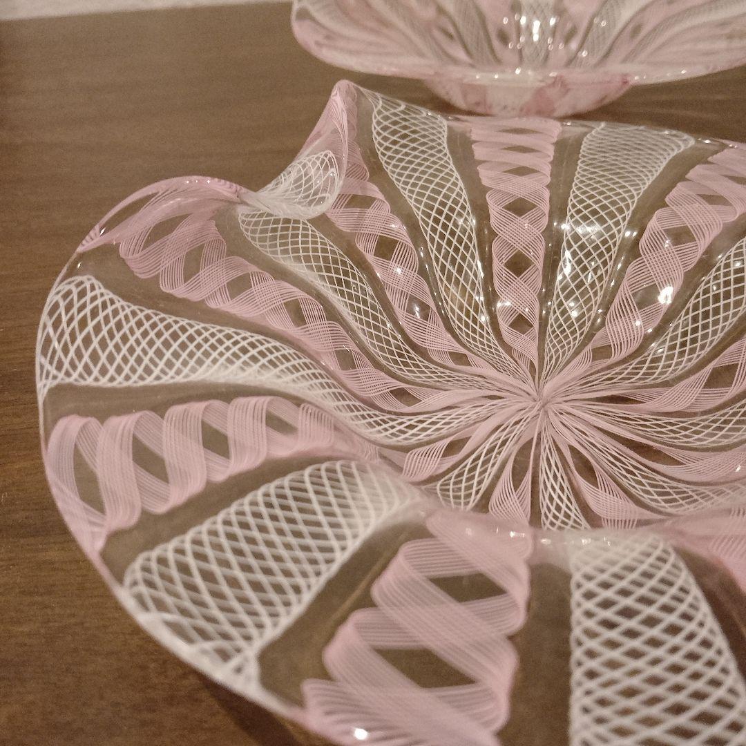 ベネチアンガラス　ムラノ　MURANO　変形皿　2枚　ピンク　レース　インテリア