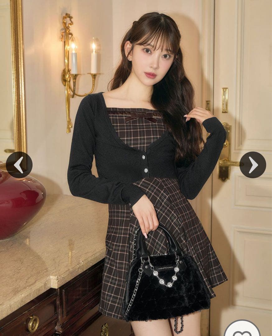 michellMacaron ランダムチェックアンサンブルワンピ ブラウン