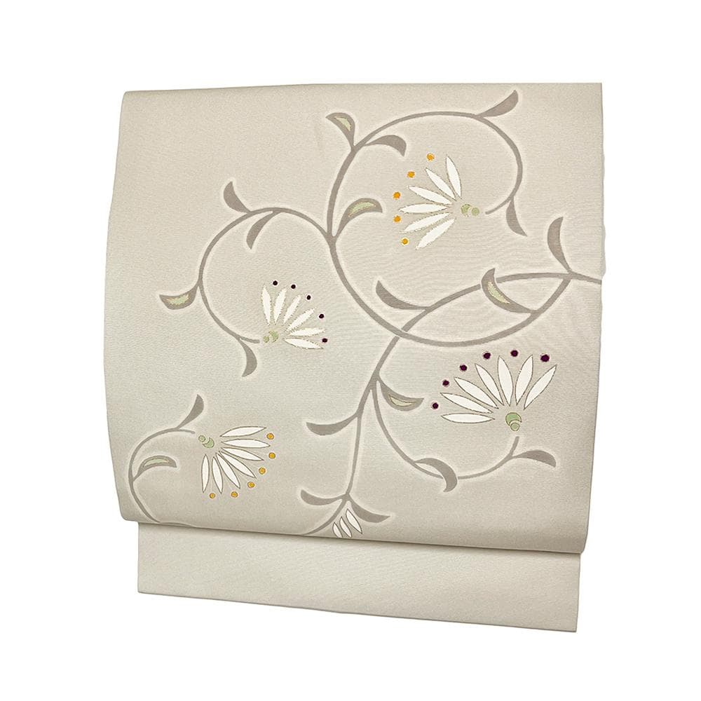 極上の手描友禅 名古屋帯 九寸 塩瀬 正絹 中古 花唐草 No.ymo0072