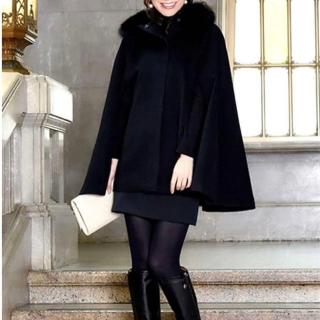 【美品】RUIRUE BOUTIQUE フォックスファー付ウールケープ 黒