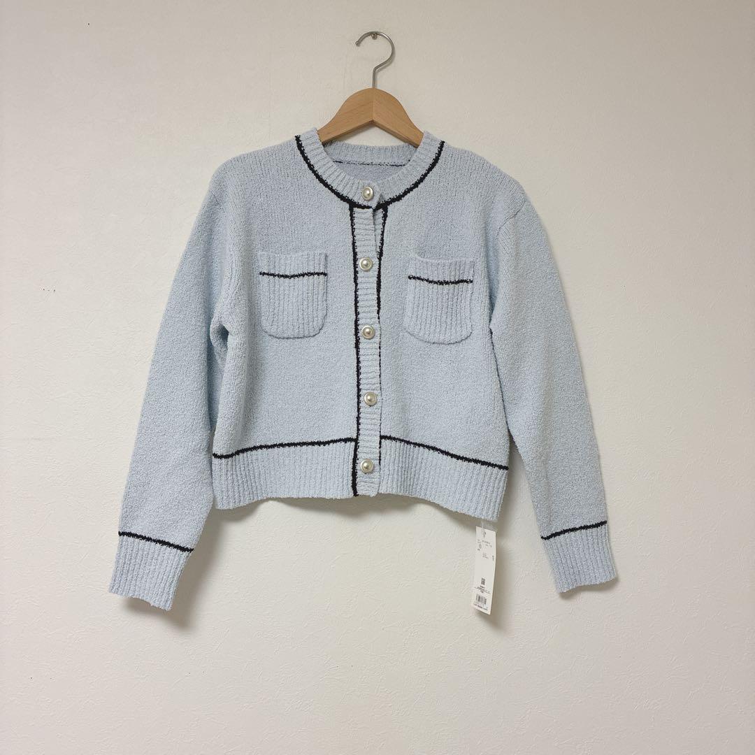 【N.】今期 新品タグ付き バイカラーラインポケットカーデ ブルー