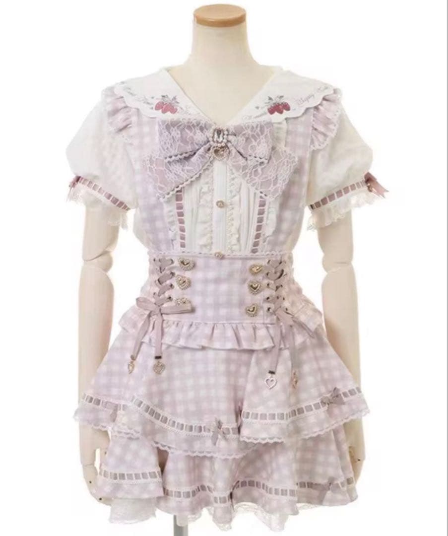 ♡LIZLISA♡ はしごリボンギンガムティアードスカパン ピンク