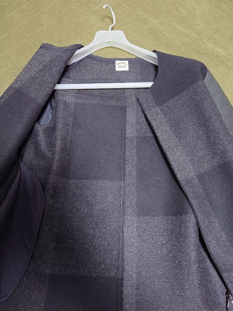 sunsea ブロックチェックメルトンレザージャケット